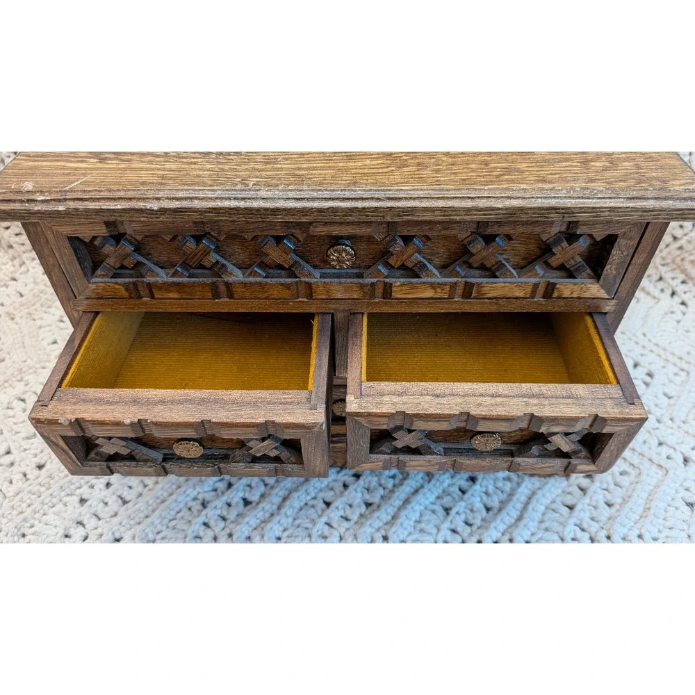 Vintage Wooden Musical Jewelry Box 4 Drawer Dresser Chest Lattice Wood Mustard